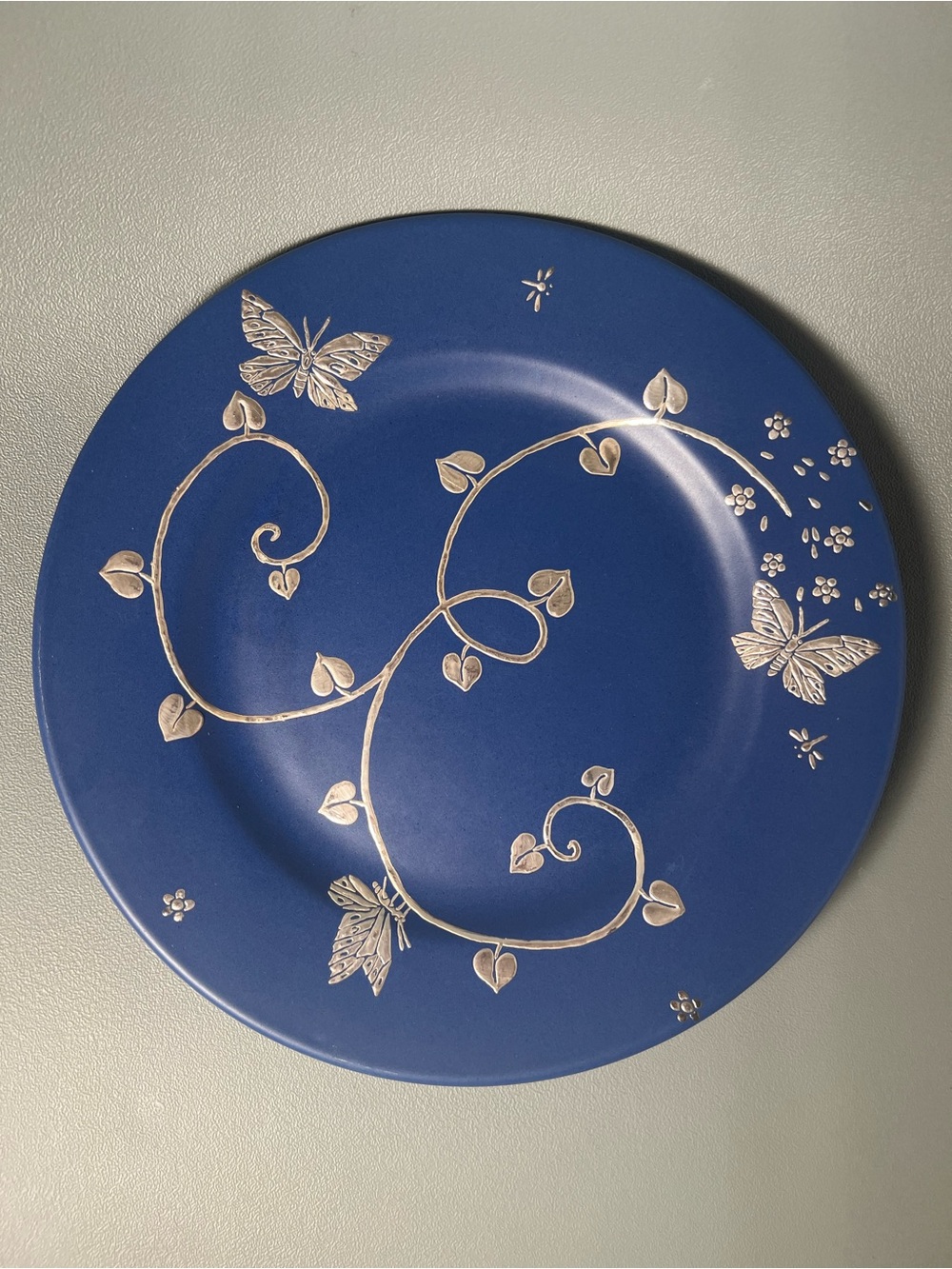 Emilia Castillo Blue Ceramic Plate Pure Silver Inlay Butterflies Vines
